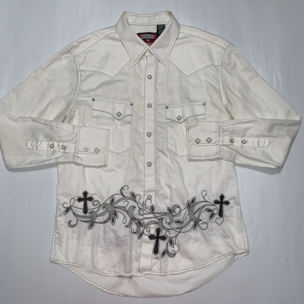 Panhandle Slim Men's Western Pearl Snap Shirt Size Medium Cross White Cowboy